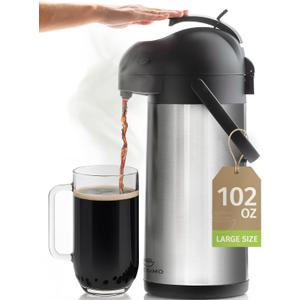 Cresimo Coffee Carafe with Pump - 102oz / 3L Airpot 12 Hours Large Hot Water Carafe, Cocoa Dispenser for Parties - Tea Flask, Insulated Stainless Steel Airpots for Hot Beverage Dispenser -Coffee Pump (Silver)