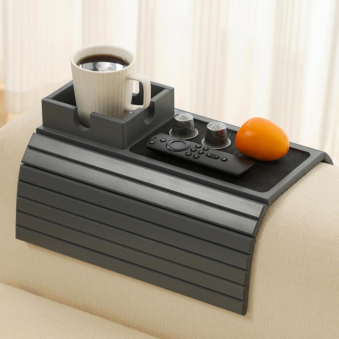 Bamboo Couch Cup Holder Arm Tray Table with Anti-Slip Cork PadCouch Drink HolderSofa Cup Holder Armrest TrayFoldable Arm Chair Table Recliners for Drink, Cups, EatsSnacks, Phone, Remote (Gray)