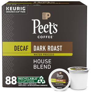 Peet's Coffee, Dark Roast Decaf Keurig K-Cup Pods, Decaffeinated Arabica Coffee - Decaf House Blend 88 Count (4 Boxes of 22 K-Cup Pods)