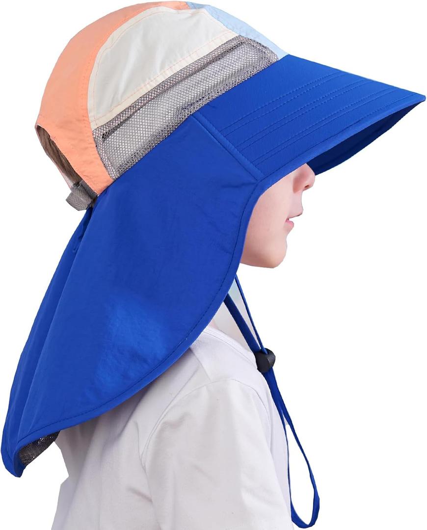 Kids Sun Hats for Boys and Girls Summer Hat with Neck Flap UPF 50+ UV Protection Wide Rigid Brim Toddler Beach Swim Sunhat (3-6 Years, Blue)