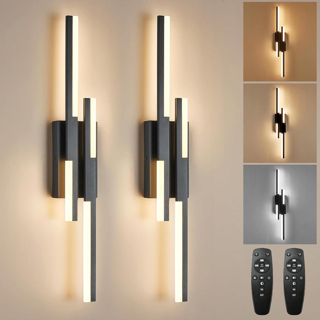 Modern LED Vanity Lights Set of 2, Black Wall Sconce with Remote Control Dimmable Indoor Wall Light Bedside Remote Sconce for Bedroom Bathroom Living Dining Room (27.6inch 2 Pack)
