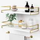 Forbena Floating Bathroom Shelves Wall Mounted, Aesthetic White and Gold Shelves for Bathroom Accessories, Modern Bathroom Organizer with Tower Bar for Wall Decor Storage Small Spaces, Set of 2, White/Gold