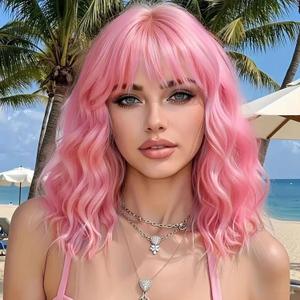 AISI HAIR Curly Bob Wig with Bangs Short Wavy Pink Color Wigs for Women Bob Style Synthetic Heat Resistant Bob Wigs