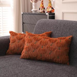 Fall Pillow Covers 12x20 inch Set of 2 for Fall Decorations Autumn Rust Embroidered Pumpkin Soft Plush Faux Fur Wool Throw Pillow Cushion Covers for Sofa Living Room Couch Bed Home Decor