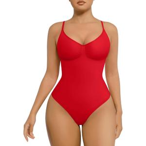 FeelinGirl Shapewear Bodysuit for Women Tummy Control Seamless Sculpting Snatched Waist Body Suit Body Shaper Thong (Medium-Large, Rust Red)