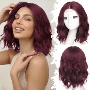 Eawwii Dark Purple Red Short Wavy Wig for Women Lace Hairline Bob Style Synthetic Heat Resistant - Natural Appearance for Everyday Hairstyle 14 Inch