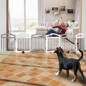ZJSF Freestanding Foldable Dog Gate Indoor, Pet Gate for Doorways, Dog Fence for The House, Sturdy Wood Puppy Gate for Stairs, White Pet Gate with Support Feet for Hallways, 24 "Height-6 Panels
