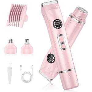 4-In-1 Bikini Trimmer for Women, Dual Head Electric Razors Shaver | Painless Bikini, Body & Facial Hair Remover | IPX7 Waterproof for Wet/Dry Use | Includes Nose & Eyebrow Trimmer Heads(Pink)