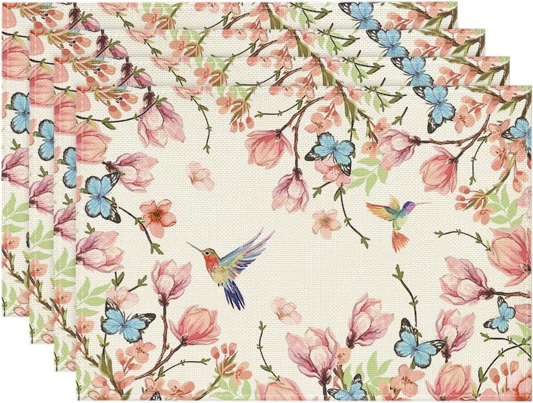 Artoid Mode Flowers Bird Butterfly Spring Placemats Set of 4, 12x18 Inch Seasonal Summer Table Mats for Party Kitchen Dining Decoration (Beige)