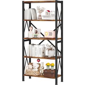 Homeiju 5-Tier Bookshelf,Wood Bookcase,Book Shelf with Steel Frame, Storage Rack with Open Shelves, Rustic Standing Bookshelves Ladder Shelf 110lbs/shelf for Bedroom,Living Room and Home Office (Vintage)