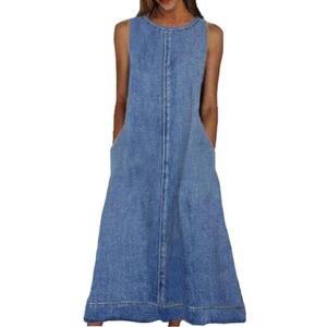 Womens Casual Sleeveless Maxi Denim Dress Crewneck Vintage Loose Long Vest Jean Dress with Pockets, Medium