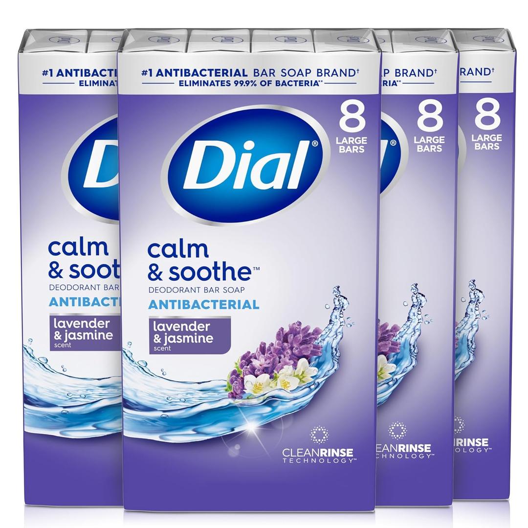 Dial Antibacterial Deodorant Bar Soap, Calm & Soothe Lavender & Twilight Jasmine Scent, 4 Oz, 32 Bars, Dermatologist Tested, With Clean Rinse Technology
