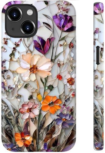LUHOURI for iPhone 14 Plus Case,Wireless Charging Compatible,Dual-Layer - Soft Silicone Inner + Hard Outer Shell,Cute Wildflower Design,Protective Phone Cover for Women - Marble Pressed Flowers