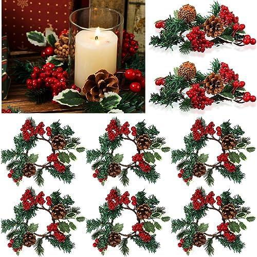 Yilloog 8 Sets Christmas Candle Rings Wreaths Berry Pinecone Red Poinsettia Candle Wreaths Rings Mini Candleholders Xmas Wreath Holder for Christmas Centerpiece(Cute)