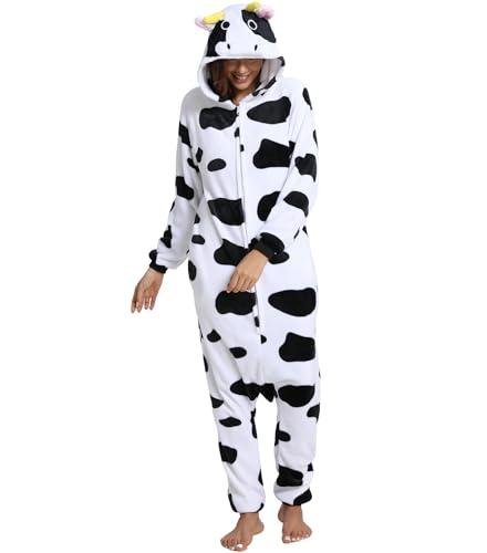 Hundredmore Unisex Adult Cow Onesie Pajamas, Men Women One Piece Cartoon Halloween Animal Costume, XL