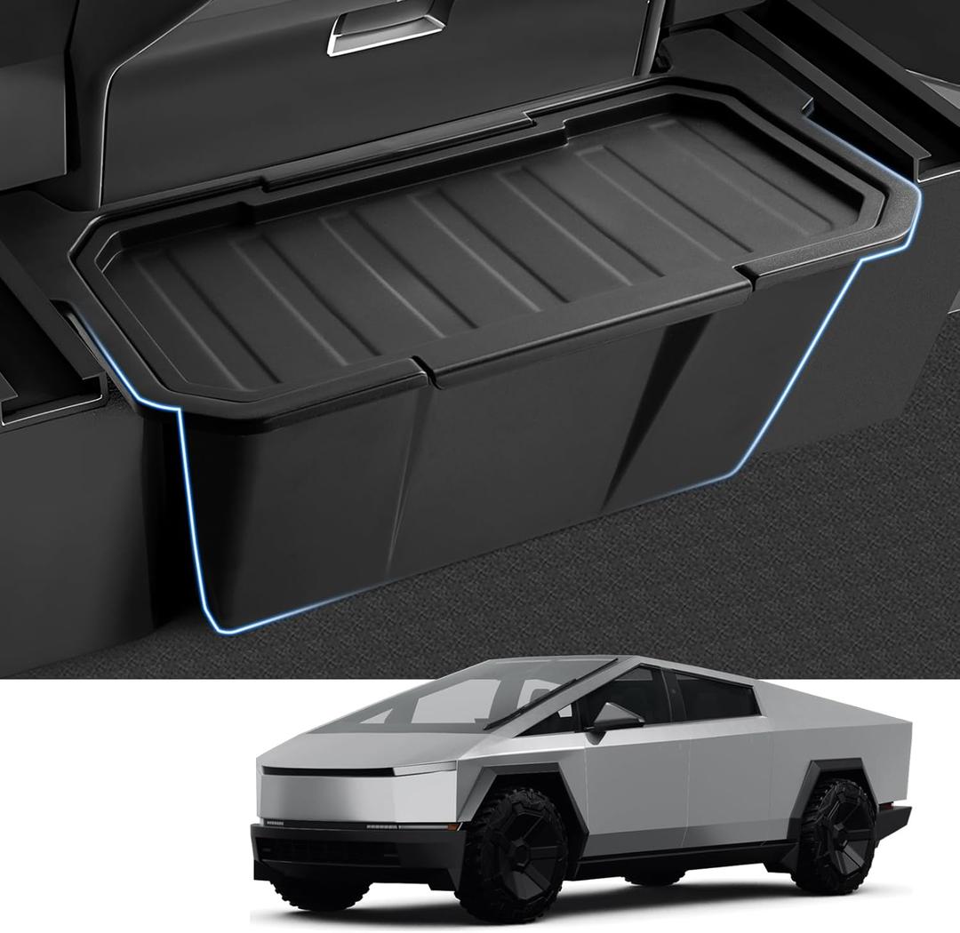 Canvcle Rear Floor Storage Box for 2024 2025 2026 Tesla Cybertruck Accessories, 2nd Row Floor Storage Bin TPE Backseat Storage Box Rear Center Console Organizer with Anti-Slip Lid Cover Trash Can
