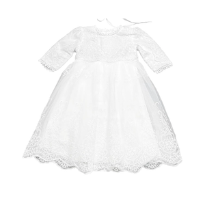 Baby Girls Long Sleeve Christening Dress Classic Embroidered Baptism Tulle Dress, 12M