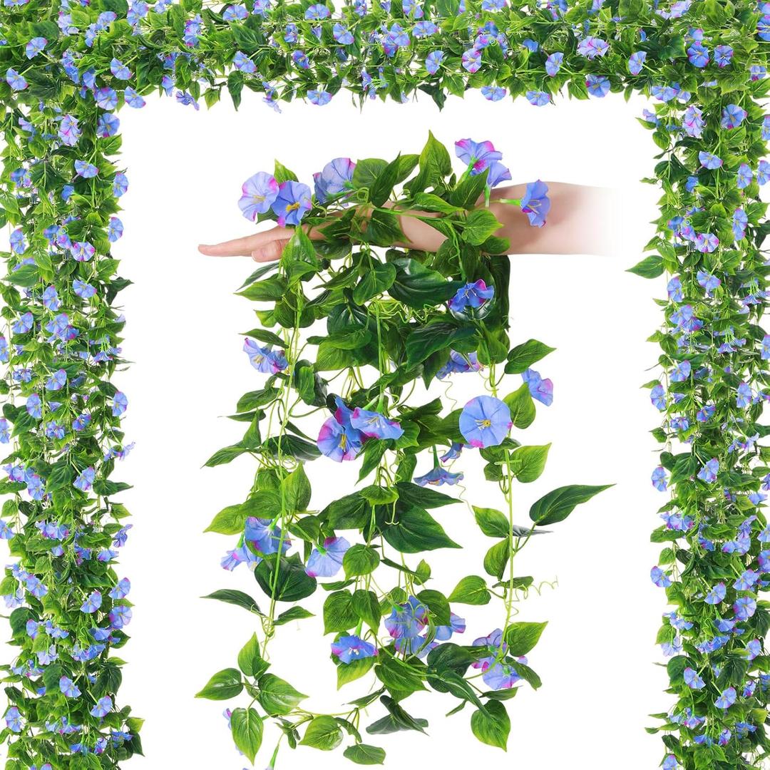 Hotop 6 Pcs 7.55 Ft Artificial Morning Silk Glory Vines for Outdoor Fake Hanging Flowers Plants Faux Silk Morning Glory Flower Garland Long Vines for Wall Fence Indoor Wedding Banquet Decor(Blue)