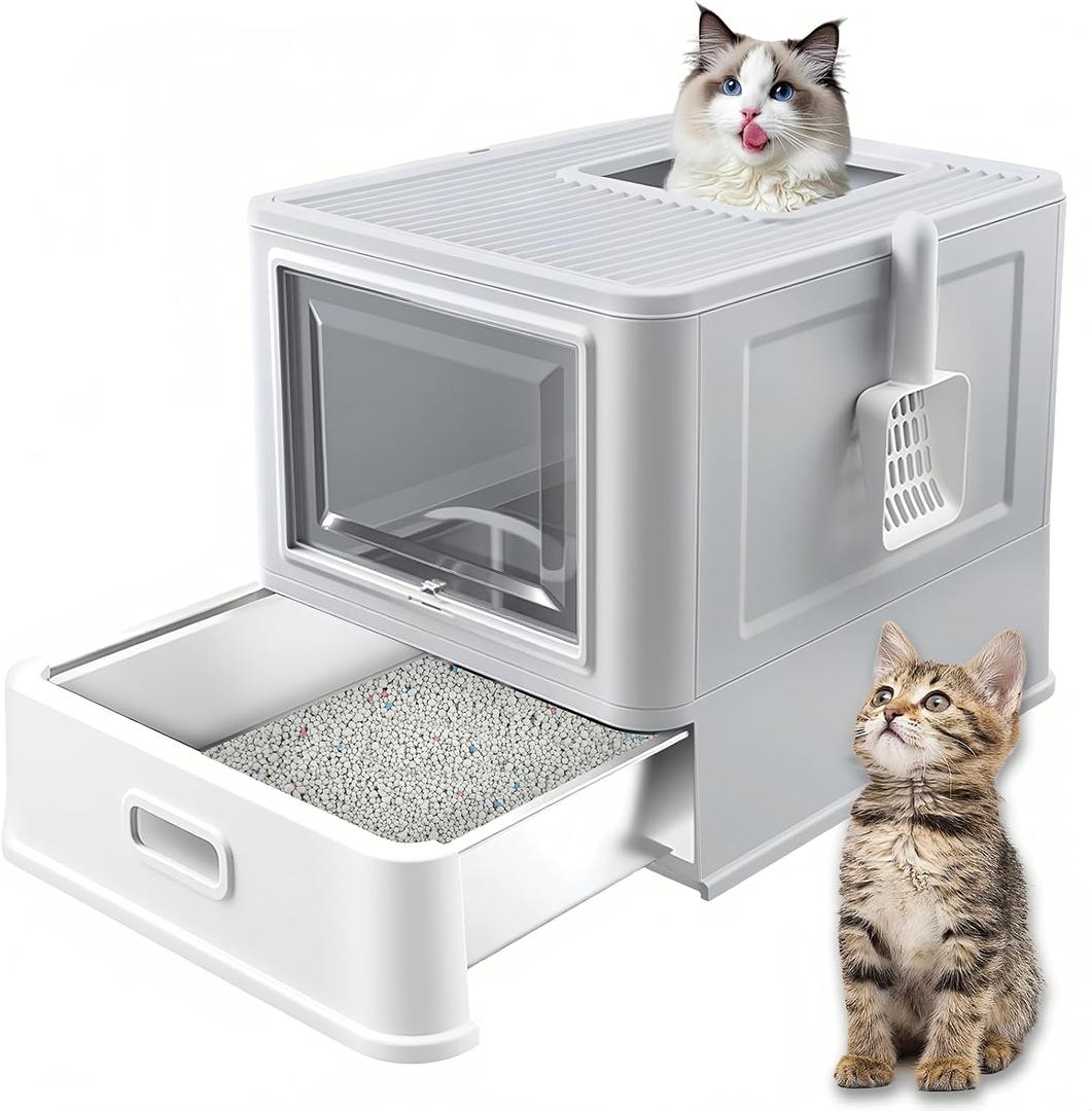 Homegroove Stainless Steel Cat Litter Box with Drawer, XL Foldable Enclosed Kitten Litter Box with Lid for Indoor Cats, Metal Covered Cat Litter Pan with Litter Scoop (Gray)