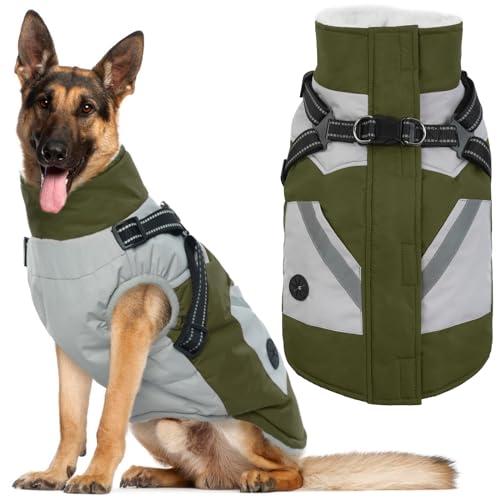 IECOii Dog Coat for Large Dogs Waterproof Dog Winter Jacket with Harness Built in, Green - XXLarge, Thermal Warm Fleece Lined, Reflective Dogs Jackets for Cold Weather Camping, Hiking, Pitbull