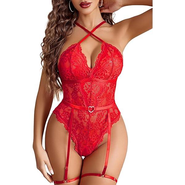 Avidlove Sexy Lace V Neck Teddy Corset Bodysuit Lingerie Top 2 Piece Set with Garter Belt, size S-M