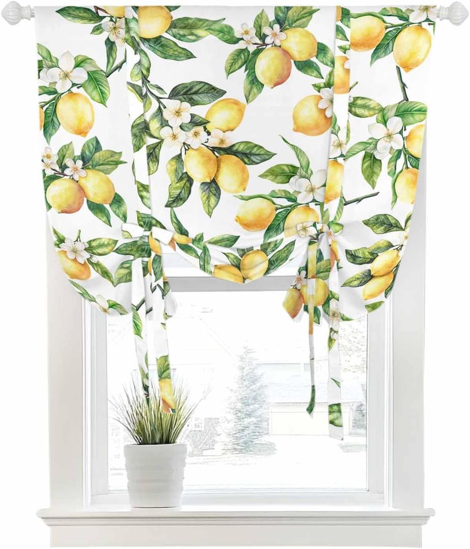 Summer Lemon Tie Up Curtain for Kitchen,Watercolor Flowers Adjustable Balloon Curtains,Leaves Tie-up Shade Valance Rod Pocket Curtain,Spring Farm Harvest Thermal Insulate Window Treatment 42x45in