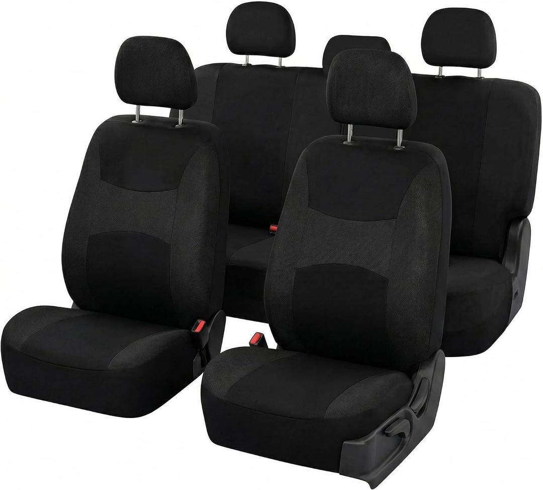 FH Group Universal Car Seat Covers Full Set for SUV Truck Sedan Vans | All-Purpose Cloth Seat Cover Set Airbag Compatible Washable Split Bench Protector Interior Upgrade - Black