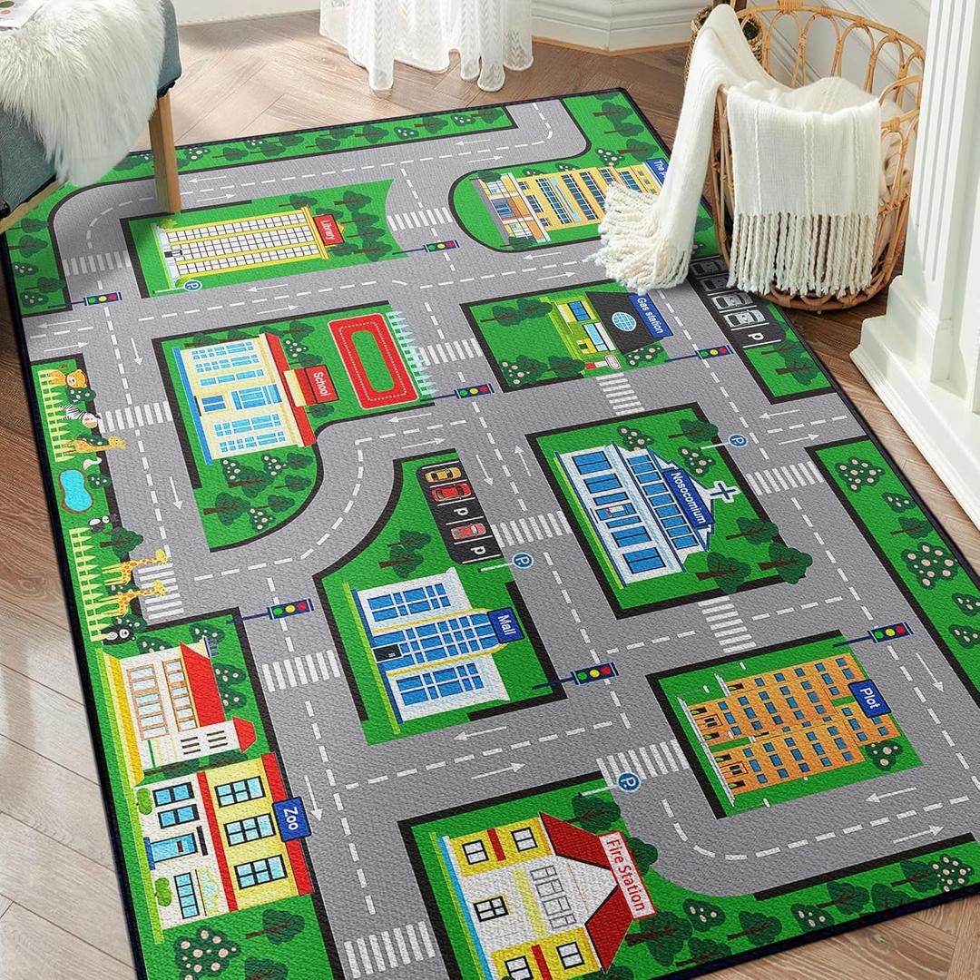 Car Rug Play Mat 59"x39", Car Playmat Carpet for Kids Playroom, Fun Race Track Town City Road Map Traffic Play Rugs, Educational Non-Slip Washable Area Rugs Home Decor for Boys Bedroom