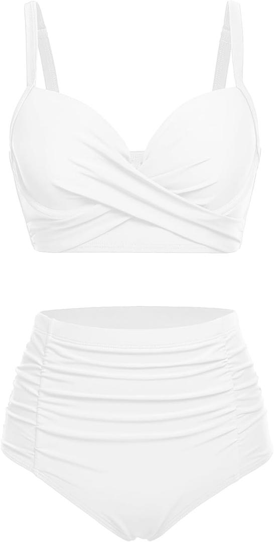 Yonique Women Underwire Bikini Set High Waisted Tummy Control Swimsuit 2 Piece Push Up Bathing Suit (X-Large, White)