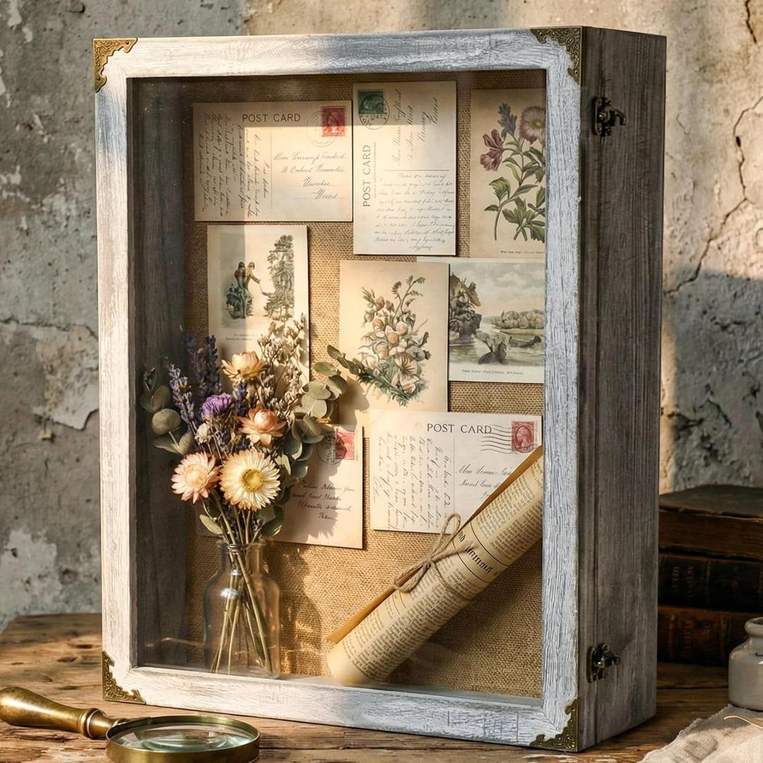 Cinnvoice 16x20 Inch Shadow Box Depth 4.7in Shadow Boxes Display Cases with Cork Board Backing Rustic Burnt Wood Box for Flowers Bouquet Wedding Picture Photo and Keepsake(Grey)