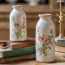 Vintage Rose-Floral Small Ceramic Vase Set, Retro Rustic Farmhouse Cute Flora Vase Gift, Art Décor for Your Home, Kitchen, Bedroom, Office, Living Room, Bathroom & Shelf Centerpiece Table Decorations 