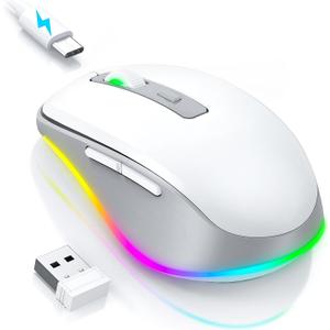 PEIOUS Wireless Mouse Jiggler - LED Wireless Mice with Build-in Mouse Mover, Rechargeable Moving Mouse for Laptop with Undetectable Random Movement Keeps Computers Awake - White & Grey