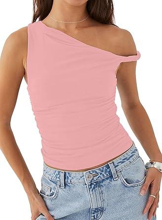 Women Rolled Strap Off Shoulder Crop Tops Twist Strap Summer Tank Tops Ruched Going Out Crop Shirt Top
 Size L