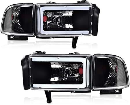 PIT66 LED DRL Headlight Assembly Fit 1994-2002 Dodge Ram 1500 2500 3500 Not fit Sport/Ram Van Models, Headlamps Clear Lens, Driver and Passenger Side