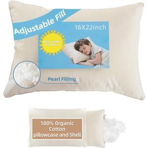 16x22 Kid Pillow with 100% Organic Cotton Pillowcase and Shell - Adjustable Youth Pillow Meets the Growth Need of Kids at Different Ages, Soft Non Toxic Pearl Filling, Machine Washable, Travel&School