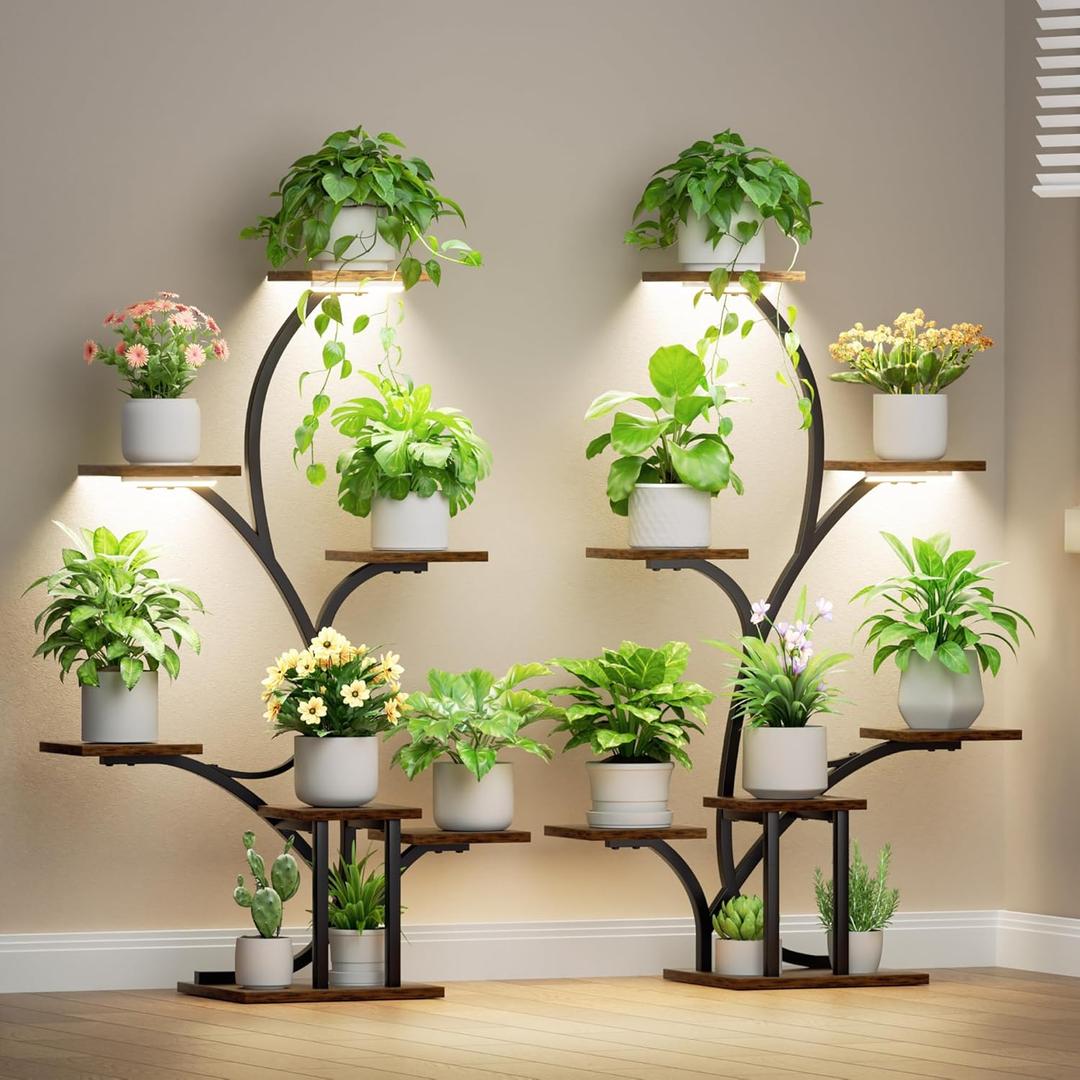 Plant Stand Indoor with Grow Lights - 2 Pack Plant Shelf, 7 Tier Lighted Corner Plant Stands for Indoor Growing, 40" Metal Flower Holder, Tree-Shaped Display Shelves with Adjustable Light, Black
