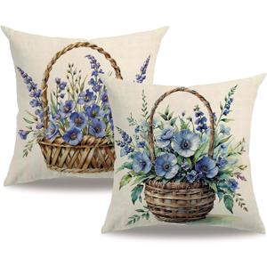 7COLORROOM 2Pack Blue Flower Pillow Covers Outdoor Garden Decoration Cushion Covers Farmhouse Rustic Colorful Spring Flower Home Décor Pillowcases 18x18 inch for Patio Sofa Bed(Blue)