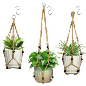 3 Pcs Macrame Plant Hangers,Indoor Different Size Hanging Planter Basket Flower Pot Holder with Beads,No Tassels Hanging Planter Basket with Wood Beads for Indoor Outdoor Home Decor (Brown)