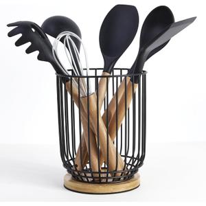 WDT Tool Utensil holder for Kitchen CounterLarge Utensils Holder For Farmhouse Cooking, Utensil Caddy Spatula Holder (Metal+Bamboo-1)