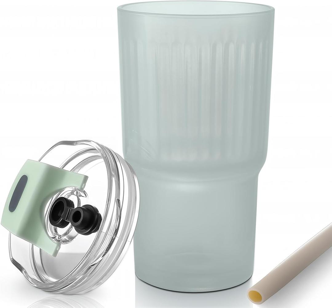 Iced Coffee Cups with Lids: Coffee Bar Accessories - Ribbed Glass Tumbler with Silicone Straw and Lid - 20oz Leak Proof Reusable Glass Cups and Tumblers with Lid and Silicone Straws(1Pcs-Blue)
