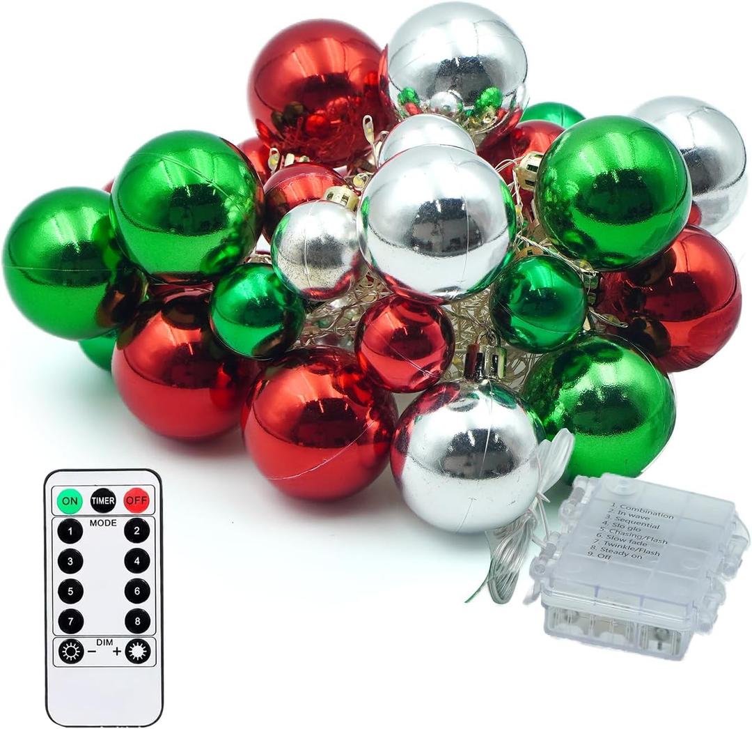 33ct Christmas Ball Ornaments with Lights, Christmas Decorations 8.2 Ft 100 LEDs Globe Ball Lights Outdoor Indoor for Tree urn Filler Flower Nursery Party Garden Yard Gazebo Decor (Red Green&White)