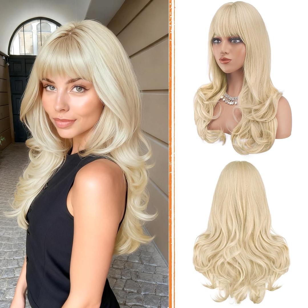 Haloo Blonde Wigs with Bangs Long Wavy Layered Haircut Natural Looking Fluffy Synthetic Heat Resistant Hair Wig for Women Daily Party, 24 Inch
