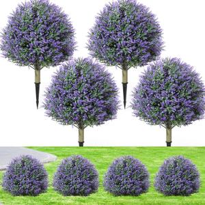 Lunmon Artificial Topiary Ball Trees Outdoor Set of 4, 24 Inch Faux Flower Topiary Bushes Plants with Ground Spikes, UV Resistant Artificial Shrubs for Porch Patio Garden Decor (Lavender,Purple)