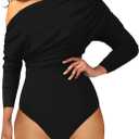 YMDUCH Women's Sexy Long Sleeve Off Shoulder Backless One Piece Bodysuit Top (Medium, Black)