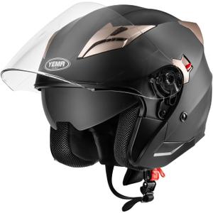 Motorcycle Open Face Helmet DOT Approved - YEMA Helmet YM-627 Motorbike Moped Jet Bobber Pilot Crash Chopper 3/ 4 Half Helmet with Sun Visor for Adult Men Women - Matte Black, Large