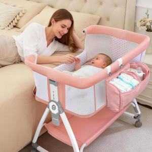 Baby Bassinet Bedside Sleeper, 4-in-1 Baby Bassinet with Wheels, 6-Height Adjustable Crib with Breathable Mesh for Newborns & Infants(Light Pink)