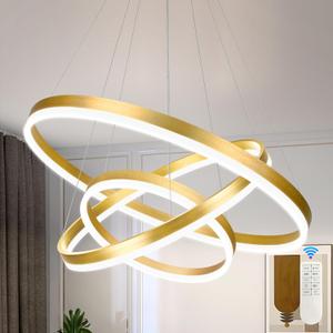 31.5" 3 Ring Modern Led Pendant Light Gold Modern Led Chandelier Contemporary Ring Chandeliers Dimmable Chandeliers Color Temperature Adjustable Height Hanging Chandelier for Living Room
