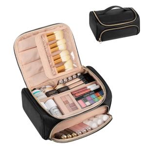CUBETASTIC Make Up Bag, Large Capacity Travel Makeup Bag Organizer with Makeup Brush Compartment, Portable Cosmetic Case with Handle and Divider, Traveling Skincare Bag for Women, Black Vegan Leather
