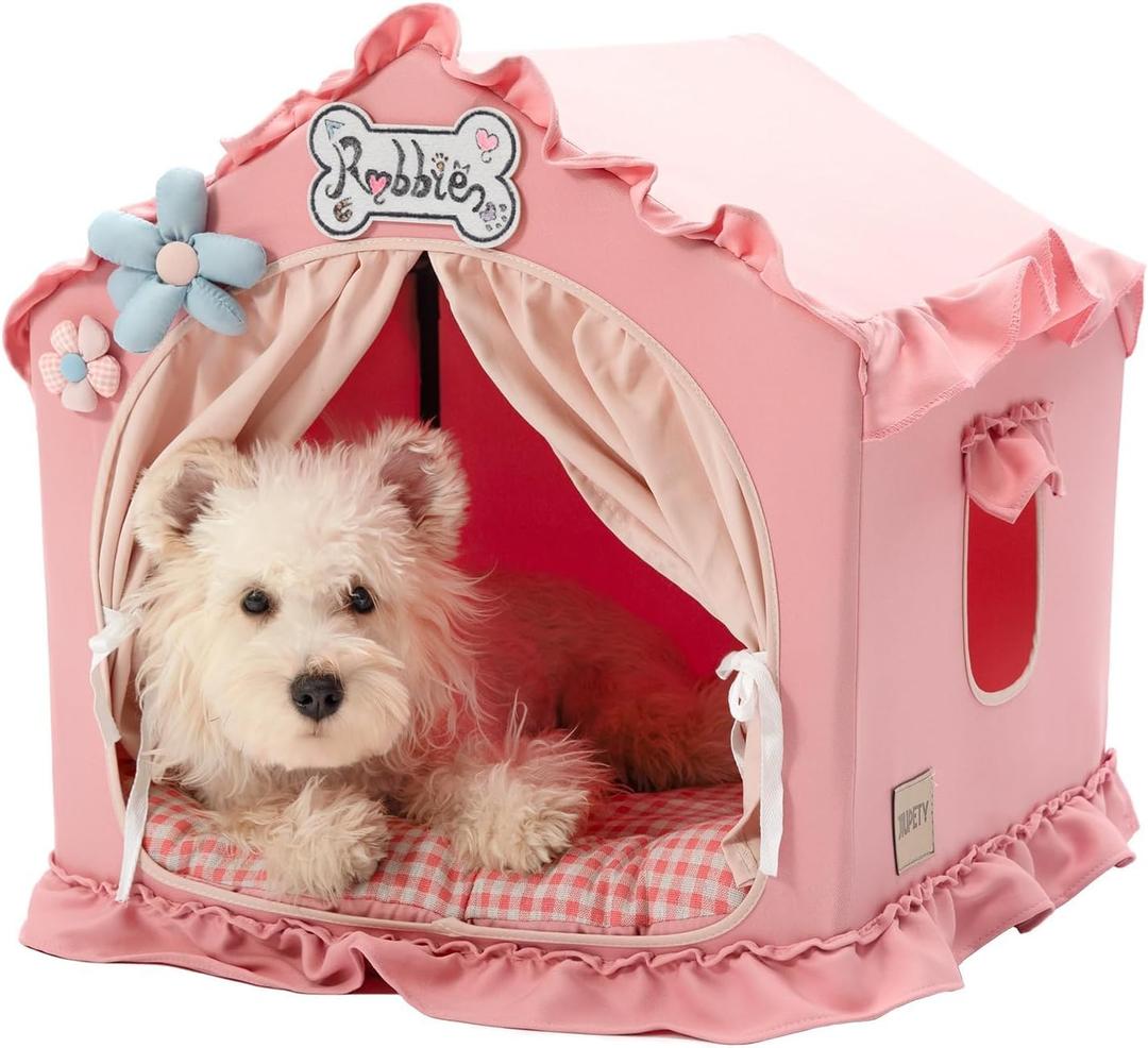 Jiupety Indoor Dog House with Frame, Cute Dog Tent Bed with Cover Cave, Breathable, Washable, and Foldable House, Suitable for 10-20 Lb Puppy and Cats, Medium (17"17"17"), Pink