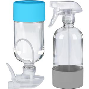 2 Pack 360 Glass Spray Bottles with Silicone Sleeve, 16 oz Empty Refillable Containers with Adjustable Spray Nozzles, Spray Bottles for Hair, Cleaning Solutions and Plants Grey&Blue